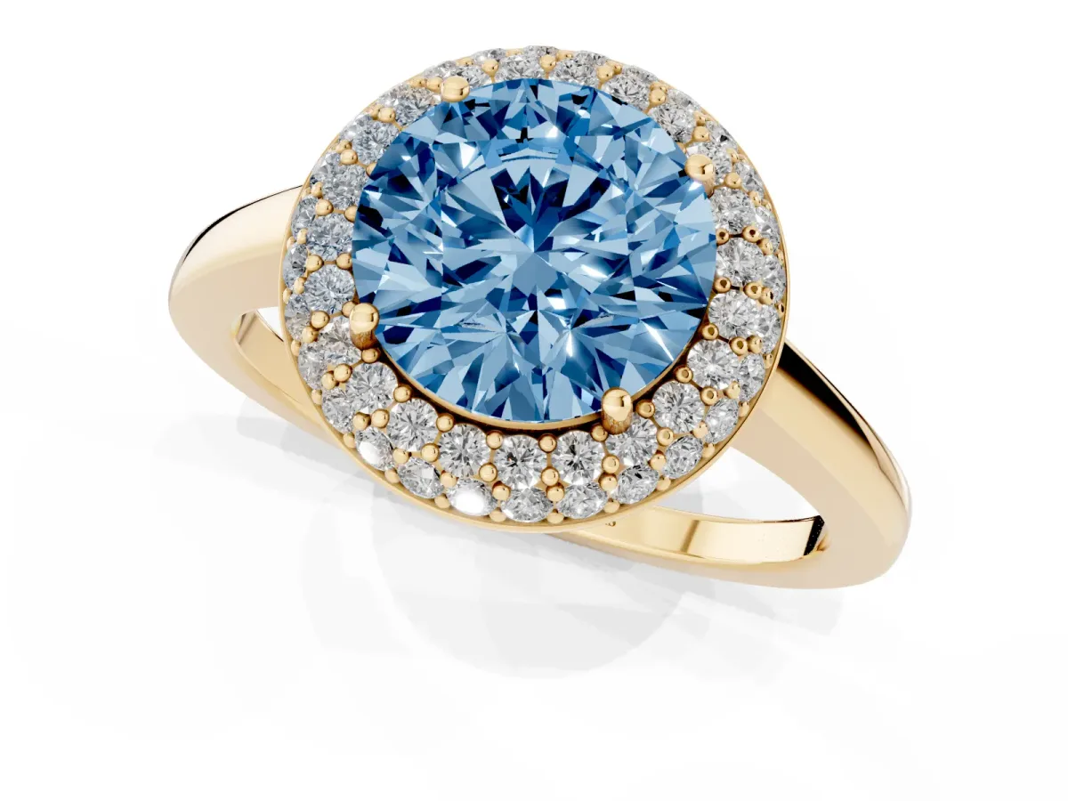 Fancy Blue Round Cut Halo Diamond Engagement Ring with Solitaire Band and Four-Prong Setting Yellow gold
