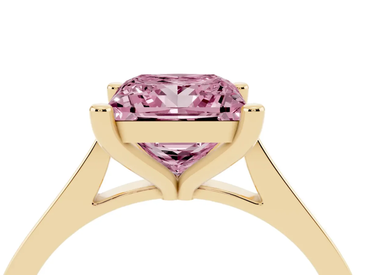 Fancy Pink Princess Cut Solitaire Diamond Ring with Four-Prong Setting and Tapered Band Yellow gold