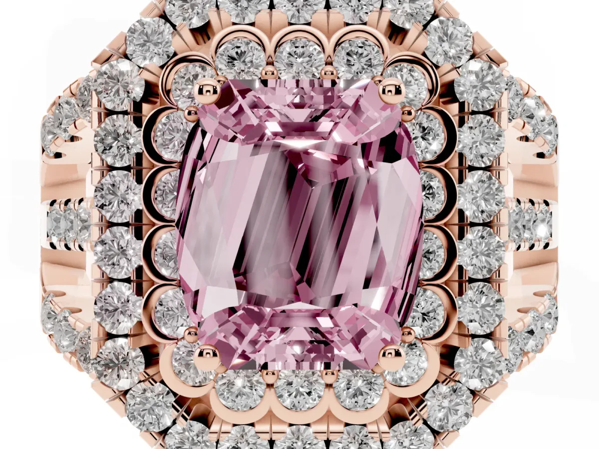Fancy Pink Emerald Cut Diamond Double Halo Ring with Round Pavé Split Shank and Prong Setting Rose gold