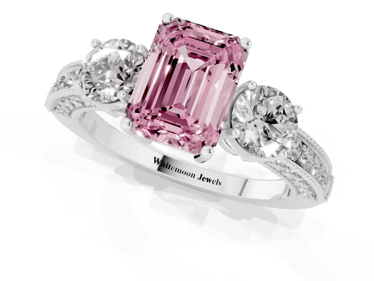 Fancy Pink Emerald Cut Three-Stone Diamond Ring with Pavé Band and Four-Prong Setting Platinum