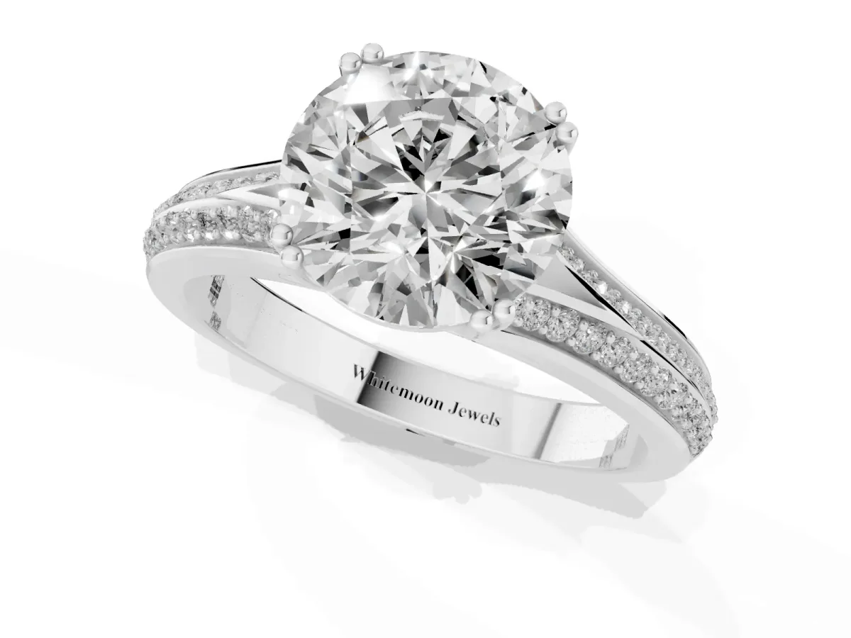 Round Cut Diamond Split Shank Engagement Ring with Pavé Band Silver