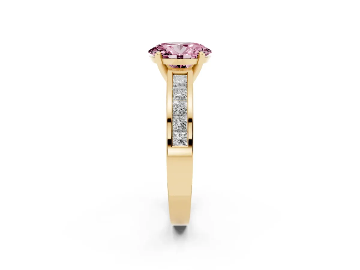 Fancy Pink Oval Cut Solitaire Diamond Ring with Channel-Set Band and Four-Prong Setting Yellow gold