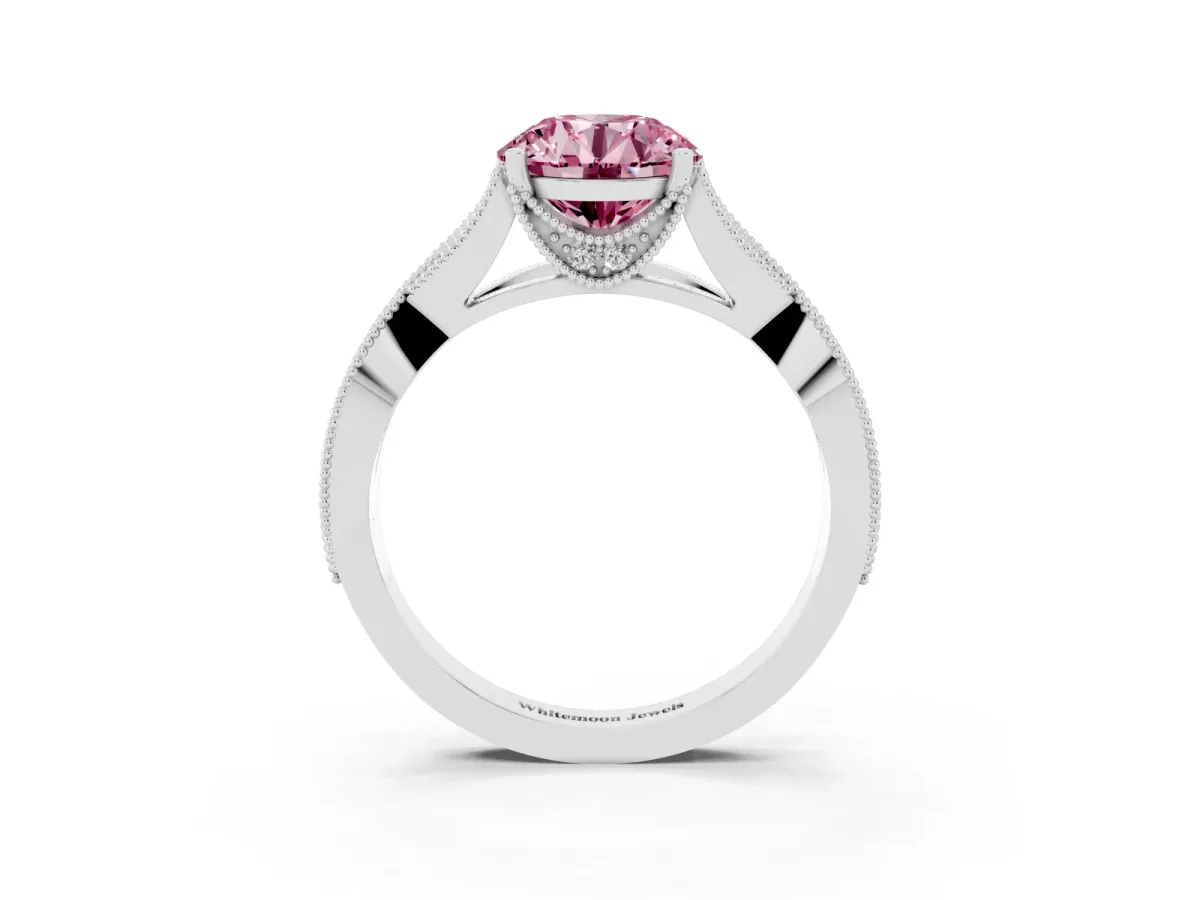 Fancy Pink Round Cut Cut Diamond Twisted Band with Milgrain Pave Setting and Four-Prong Setting Silver