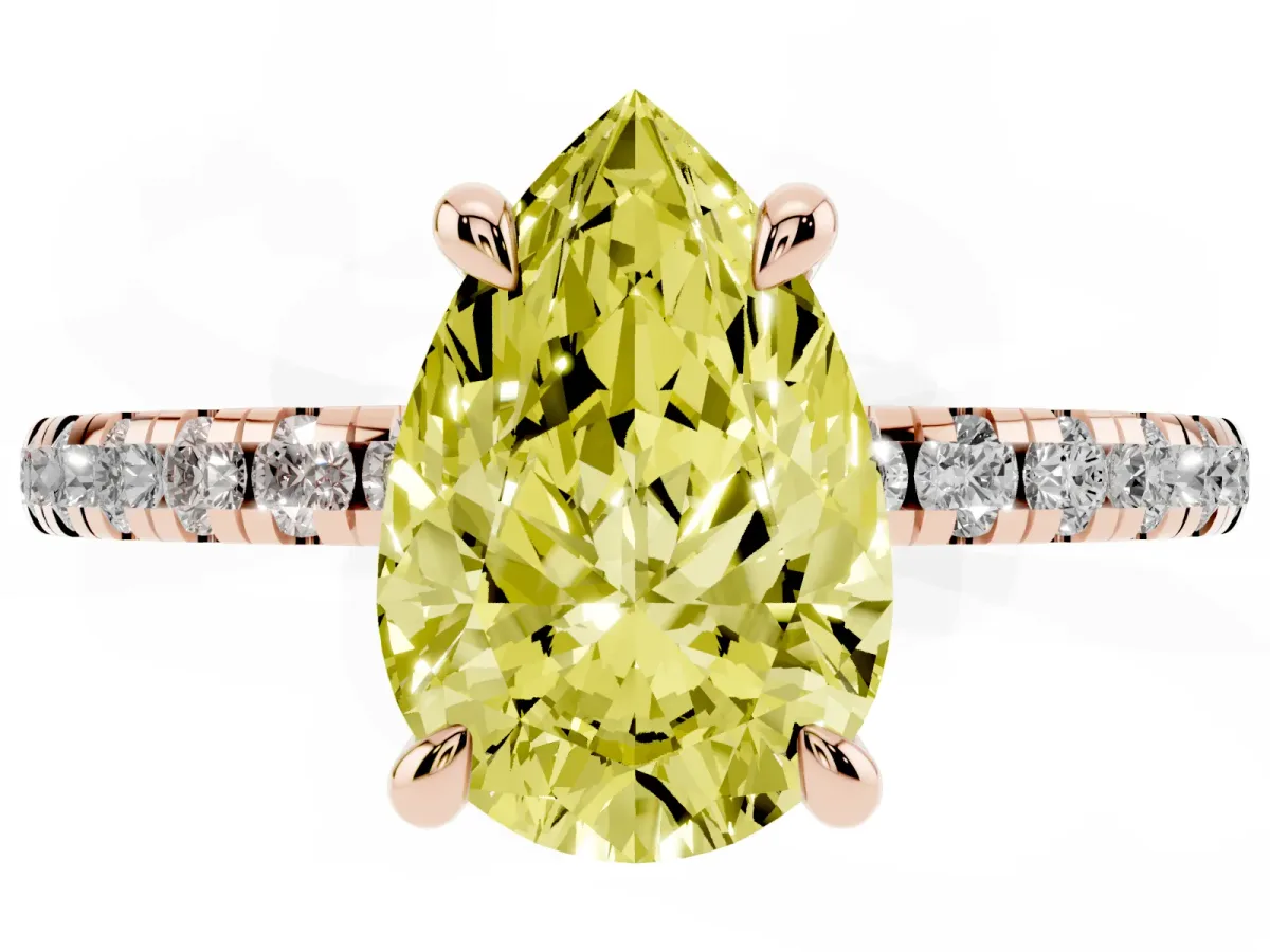 Fancy Yellow Pear Cut Diamond Brilliant Solitaire Ring with Pavé Band and Four-Prong Setting Rose gold
