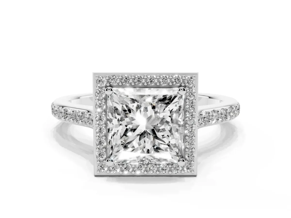 Princess Cut Diamond Halo Engagement Ring with Round Pavé Shoulders and Prong Setting Silver