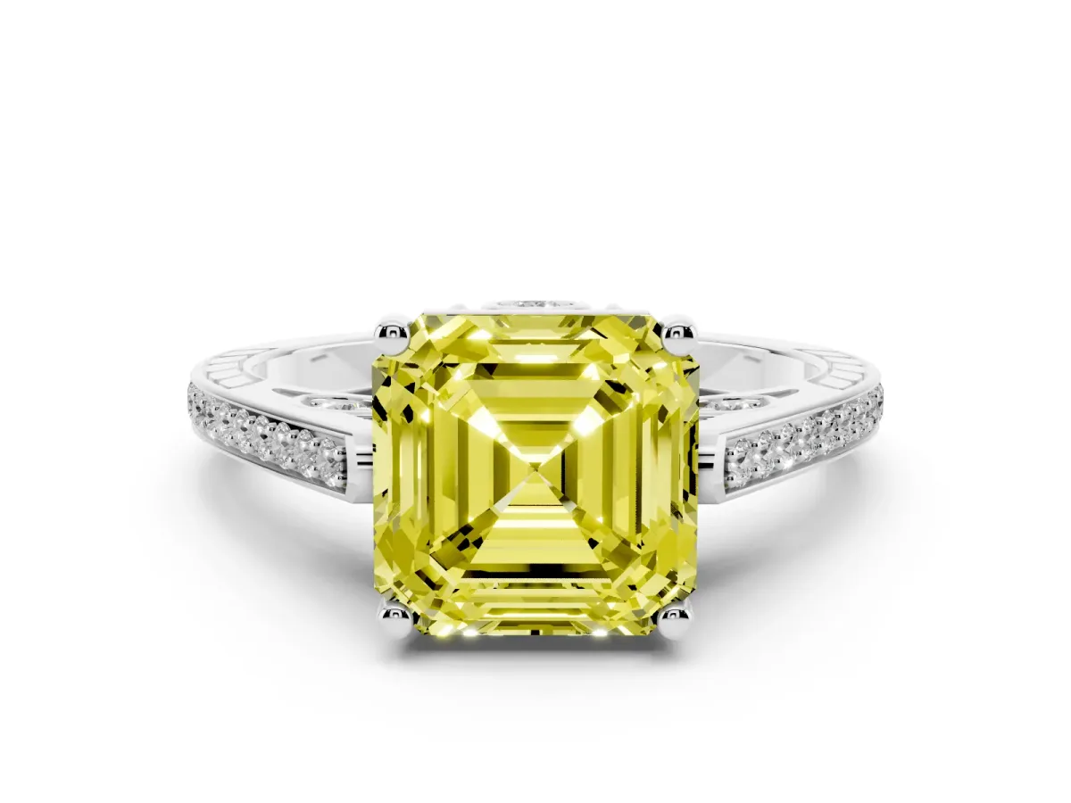 Fancy Yellow Asscher Cut Cut Cathedral Pave Diamond Engagement Ring with Six-Prong Setting Silver