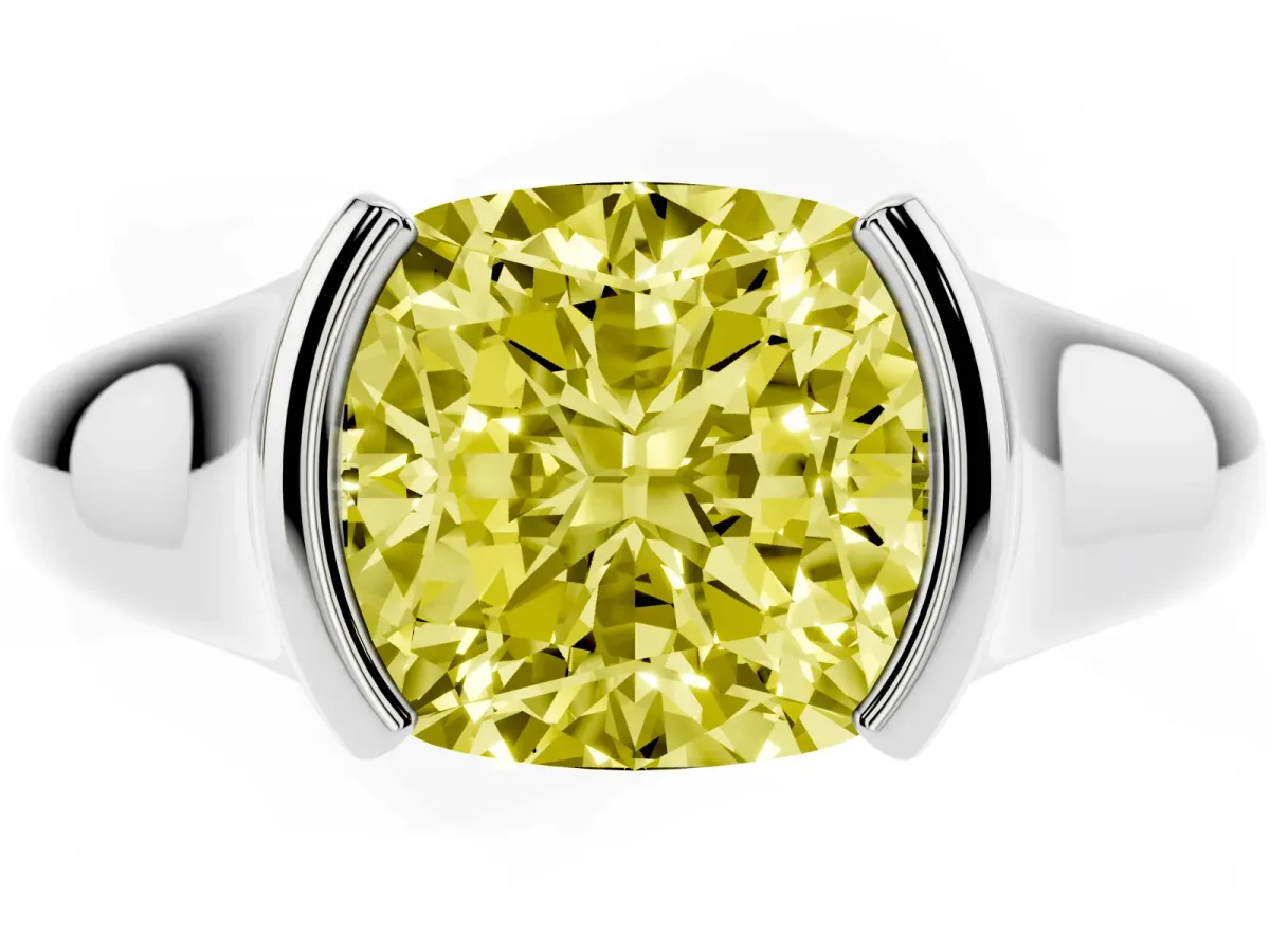 Fancy Yellow Cushion Cut Solitaire Tension Set Diamond Ring with Split Shank Band Platinum