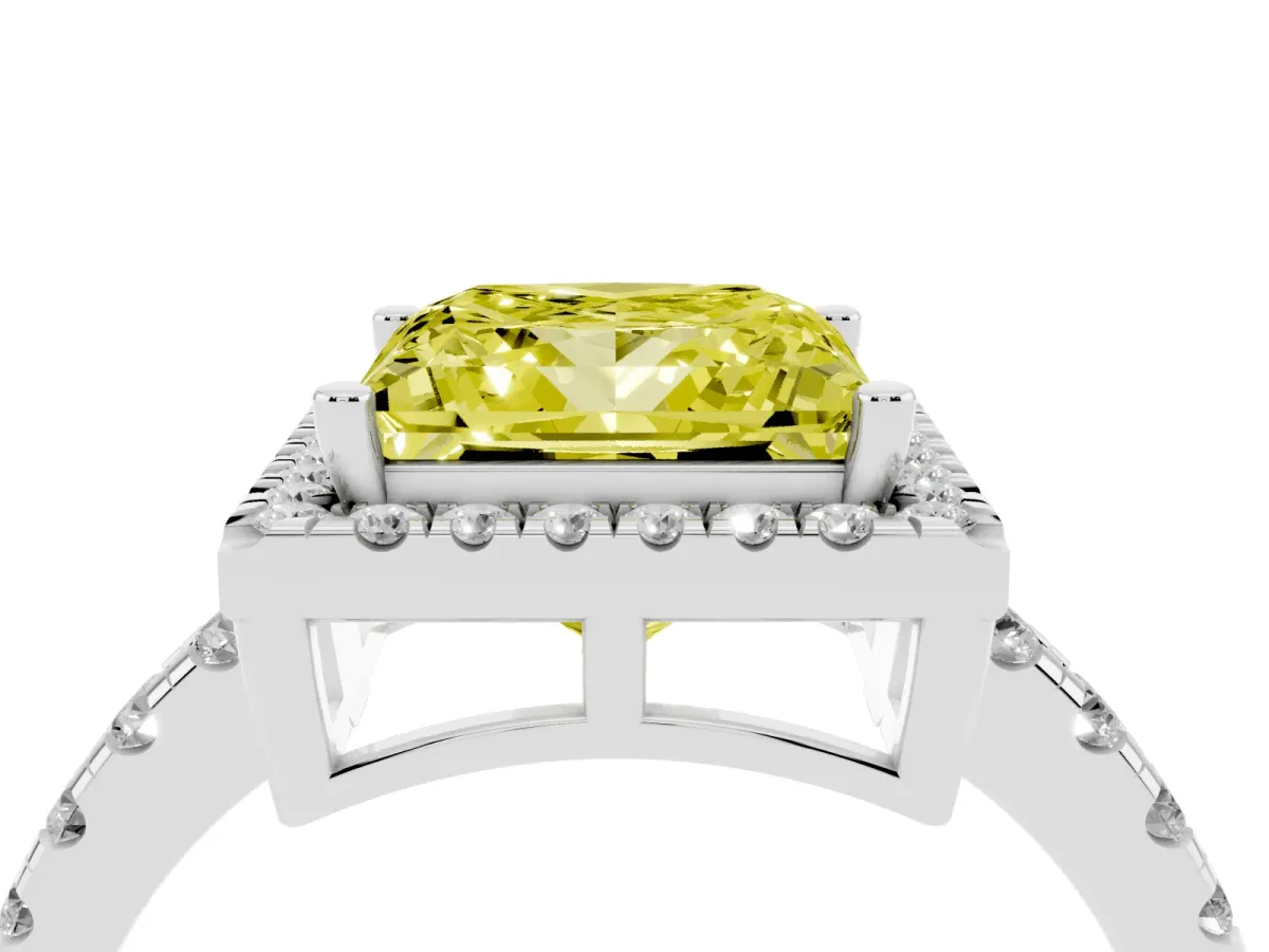 Fancy Yellow Princess Cut Diamond Halo Ring with Pavé Band and Four-Prong Setting Platinum