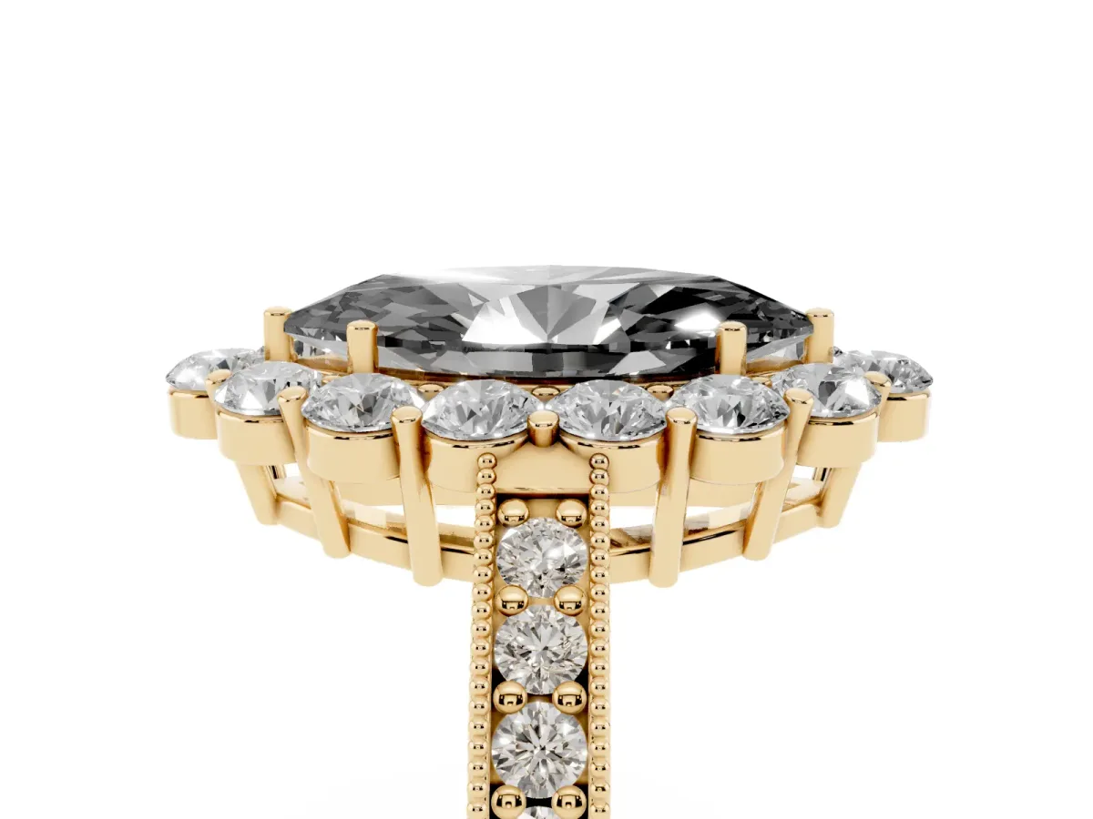 Fancy Black Marquise Cut Cut Halo Diamond Pavé Engagement Ring with Milgrain Detailing Yellow gold