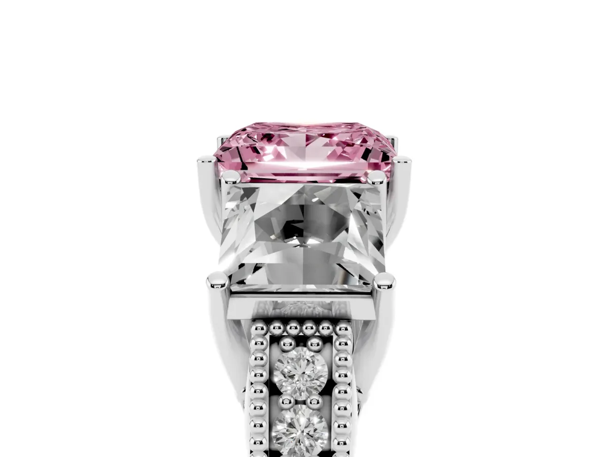Fancy Pink Three-Stone Princess Cut Cut Milgrain Pavé Engagement Ring Platinum