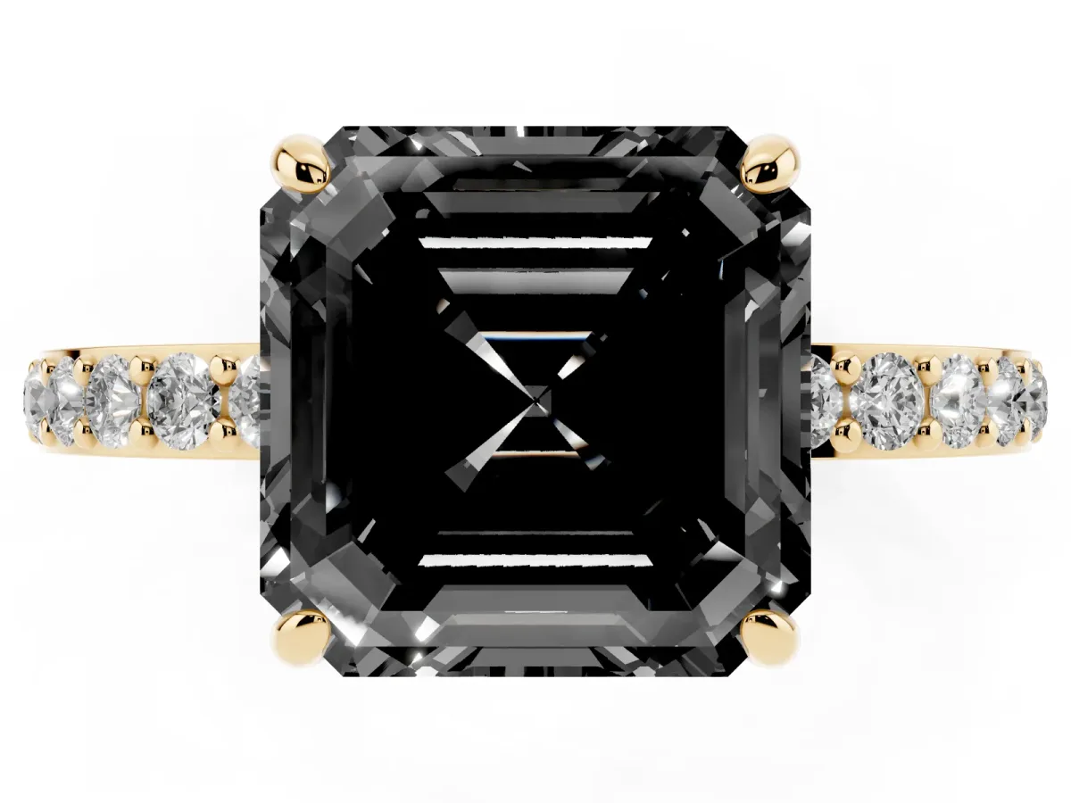 Fancy Black Asscher Cut Diamond Solitaire Engagement Ring with Pavé Band and Four-Prong Setting Yellow gold