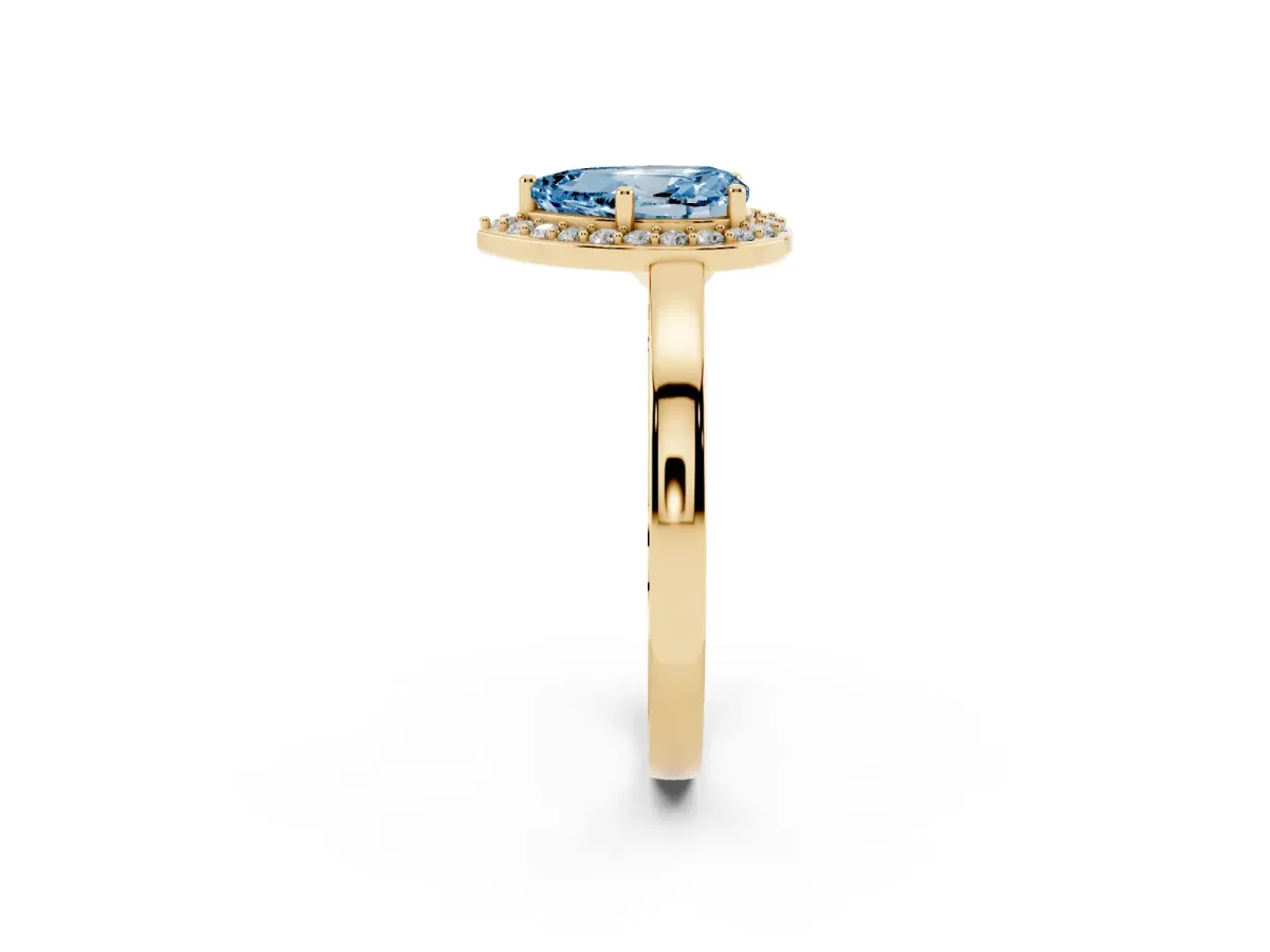 Fancy Blue Pear Cut Halo Diamond Ring with Solitaire Band and Prong Setting Yellow gold