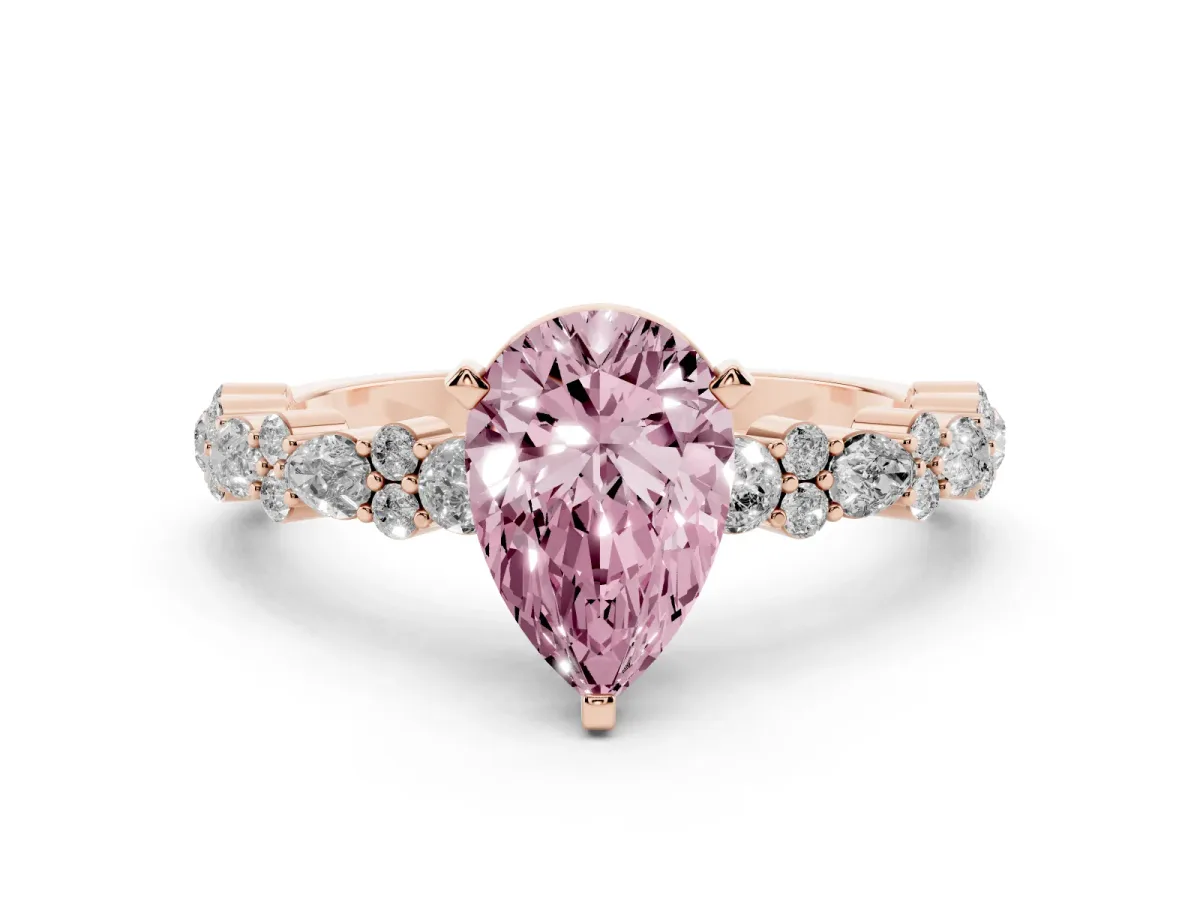 Fancy Pink Pear Cut Diamond Side Stone Solitaire Ring with Round and Four-Prong Setting Rose gold