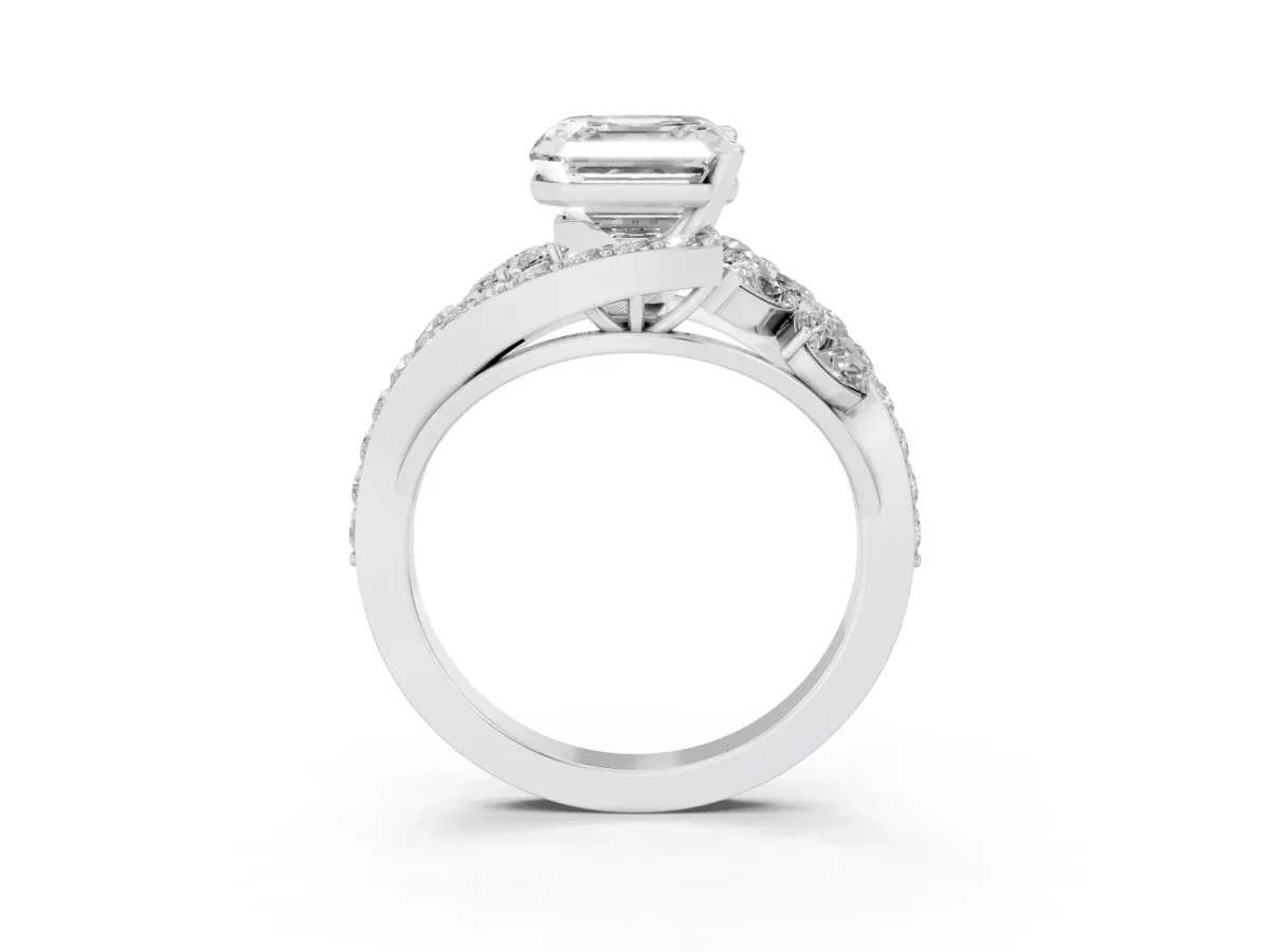 Asscher Cut Diamond Halo Ring with Marquise and Pavé Band in Prong Setting Platinum