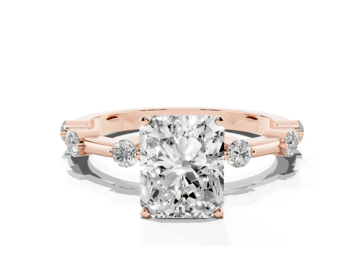 Radiant Cut Solitaire Diamond Ring with Bezel Set Side Stones and Prong Setting Rose gold