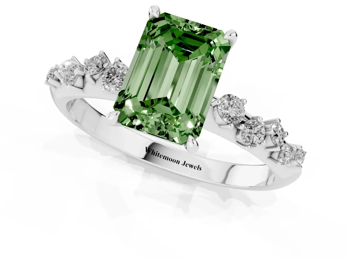 Fancy Green Emerald Cut Diamond Cluster Side Stone Solitaire Ring with Prong Setting Platinum