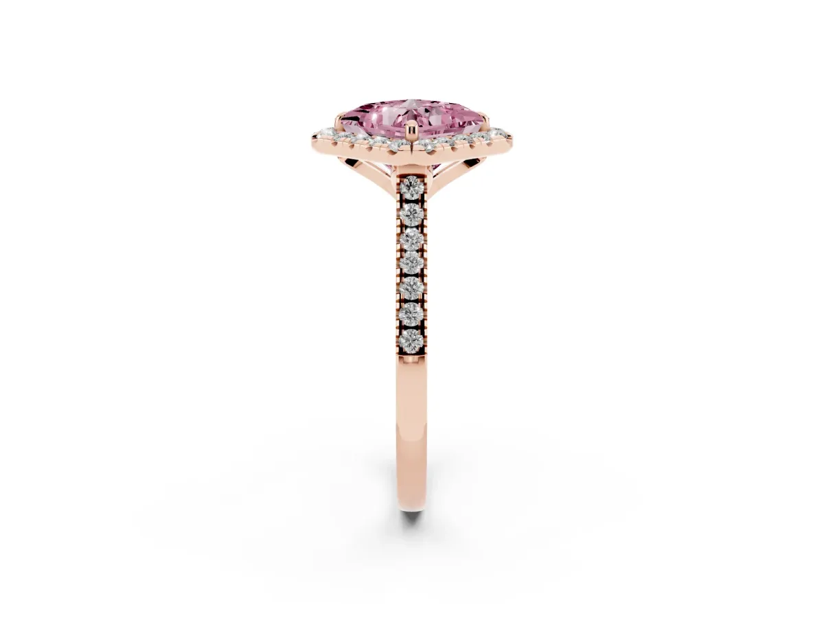 Fancy Pink Princess Cut Diamond Cushion Halo Ring with Pavé Band Rose gold
