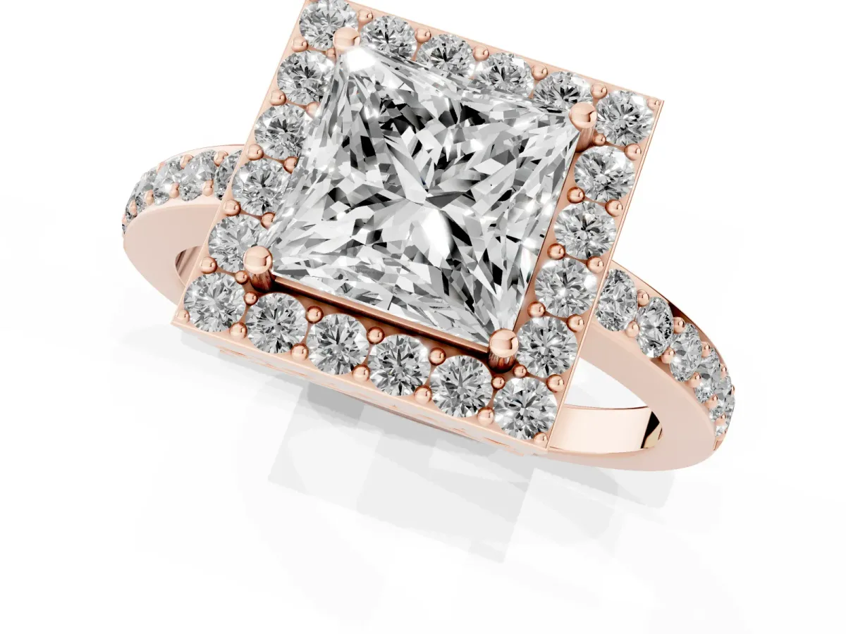 Princess Cut Halo Diamond Pavé Band Ring with Prong Setting Rose gold