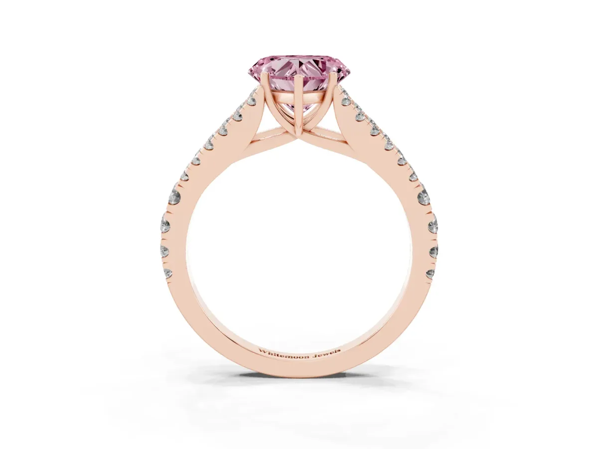 Fancy Pink Heart Cut Diamond Split Shank Engagement Ring with Round Pavé and Prong Setting Rose gold