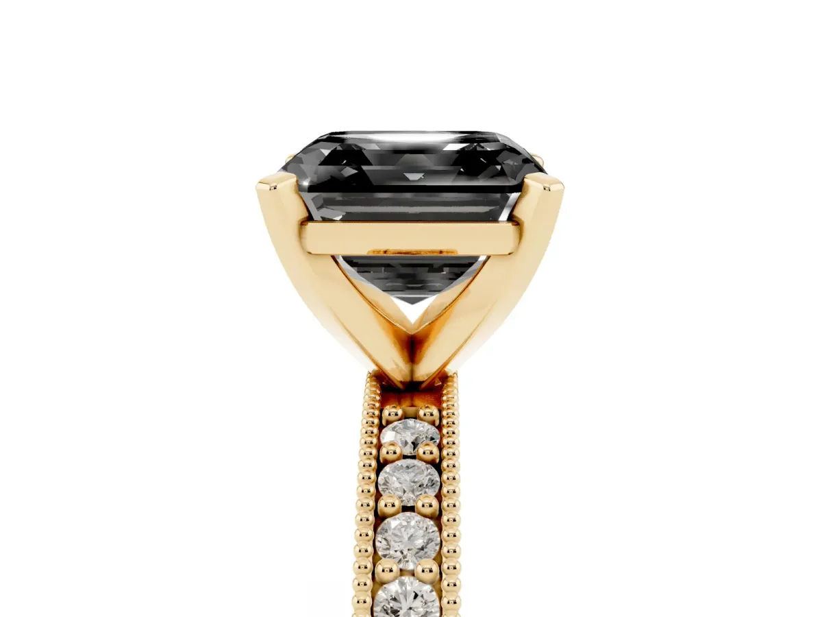 Fancy Black Asscher Cut Diamond Milgrain Pavé Engagement Ring with Four-Prong Setting Yellow gold
