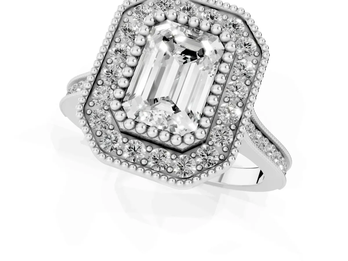 Emerald Cut Diamond Halo Ring with Milgrain Frame and Pavé Band Silver