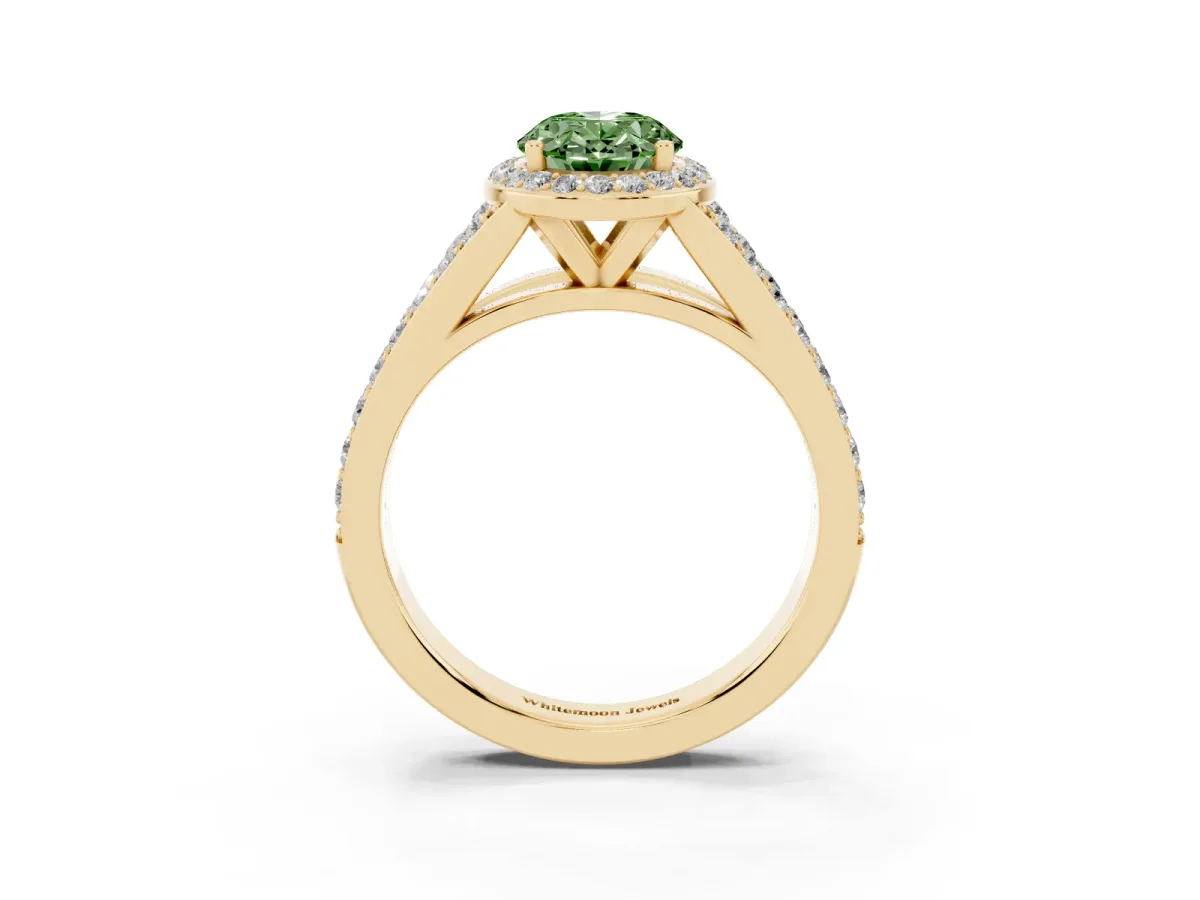 Fancy Green Oval Cut Diamond Split Shank Halo Ring with Four-Prong Setting Yellow gold