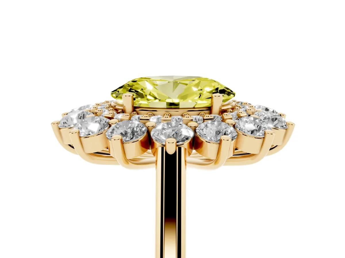 Fancy Yellow Oval Cut Diamond Floral Double Halo Engagement Ring with Prong Setting Yellow gold