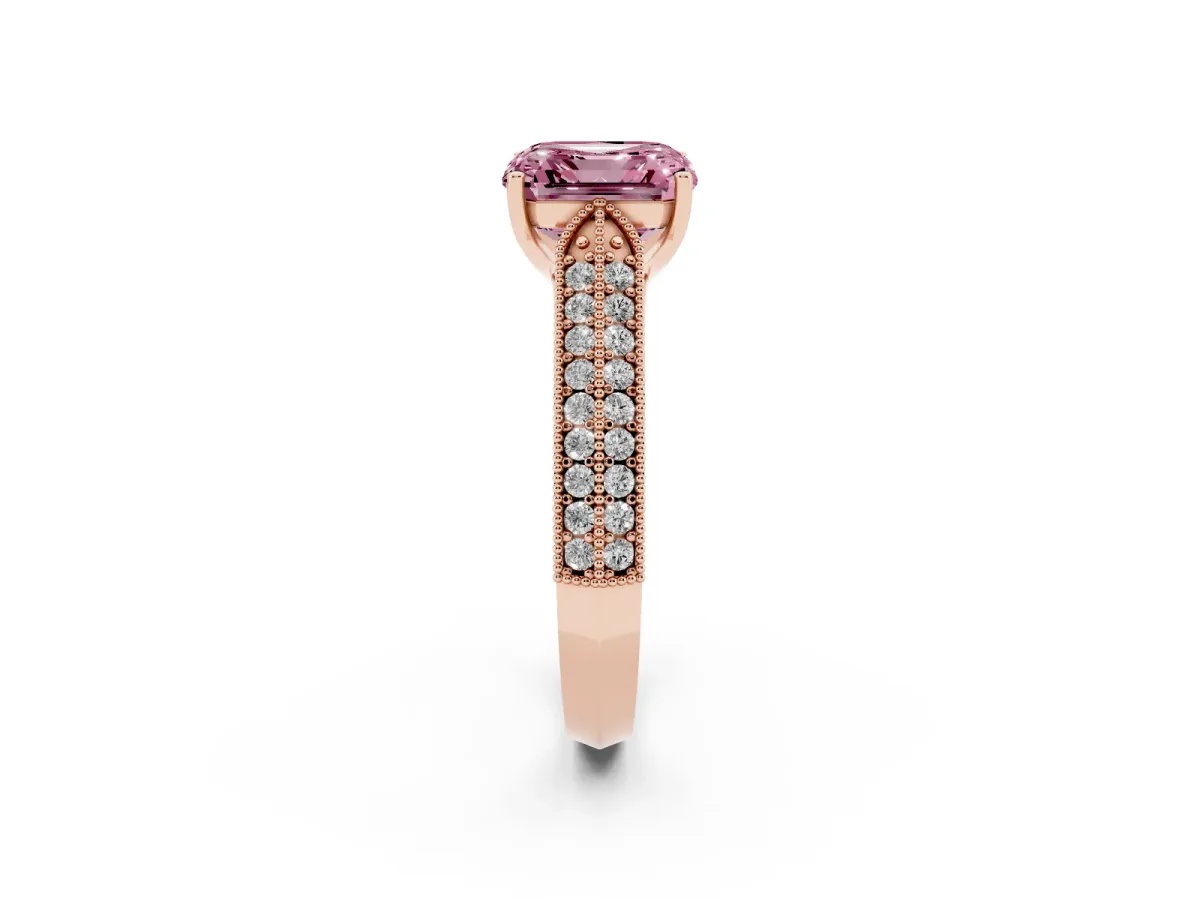 Fancy Pink Asscher Cut Cut Pave Split Shank Engagement Ring with Four-Prong Setting Rose gold
