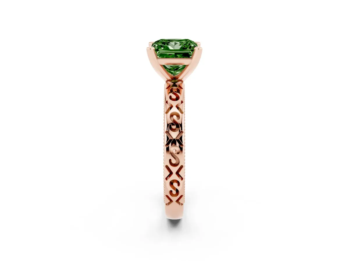 Fancy Green Princess Cut Solitaire Engagement Ring with Scrollwork Band and Four-Prong Setting Rose gold