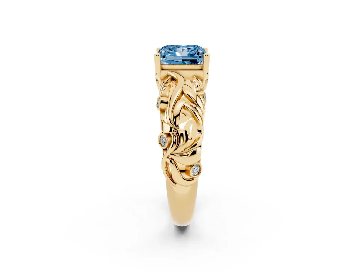 Fancy Blue Princess Cut Solitaire Diamond Leaf-Inspired Vine Band Ring with Prong Setting Yellow gold