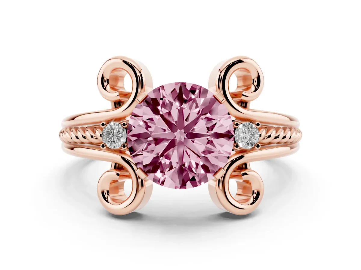 Fancy Pink Round Cut Solitaire Twisted Band Scroll Prong Ring Rose gold