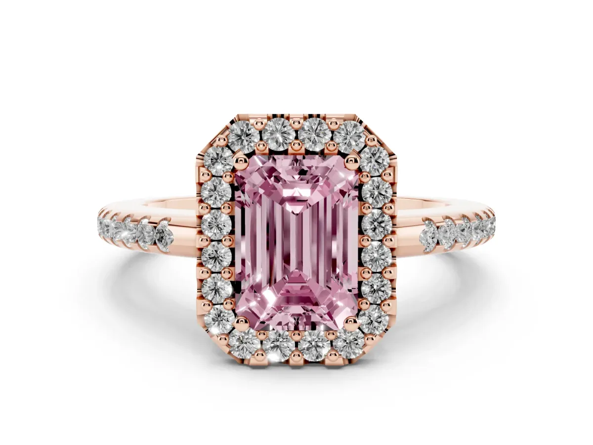 Fancy Pink Emerald Cut Diamond Pavé Halo Ring with Four-Prong Setting Rose gold