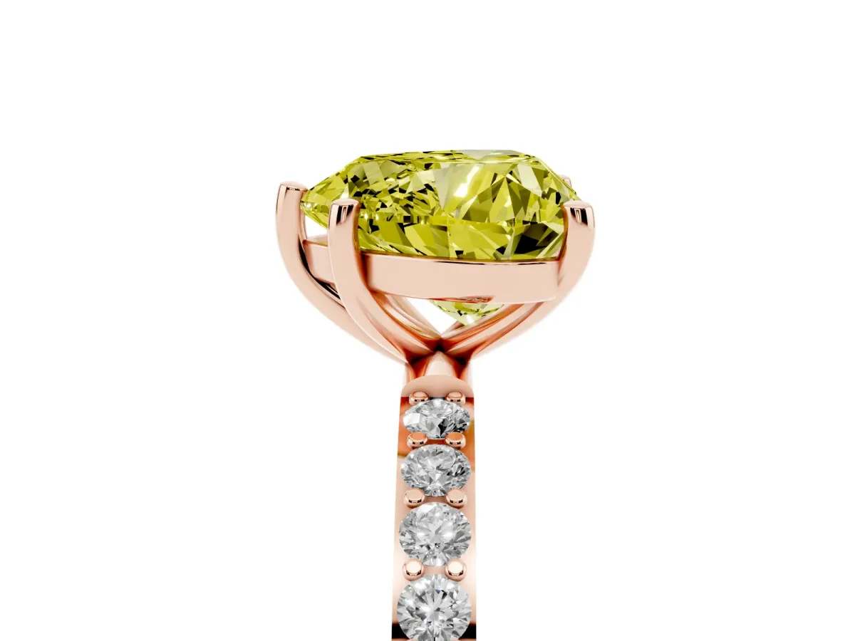Fancy Yellow Heart Cut Diamond Solitaire Ring with Round Pavé Shoulders and Prong Setting Rose gold