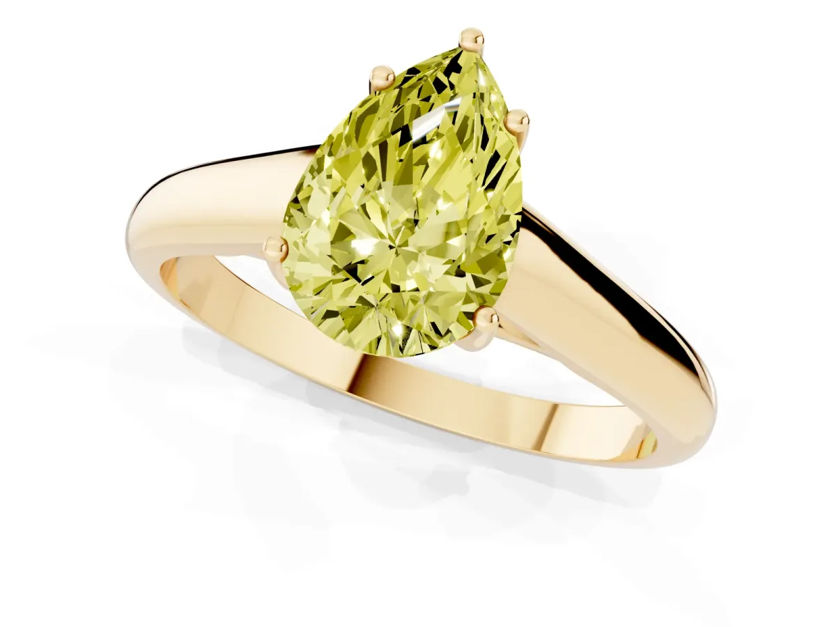 Fancy Yellow Pear Cut Solitaire Engagement Ring with Tapered Band and Four-Prong Setting Yellow gold