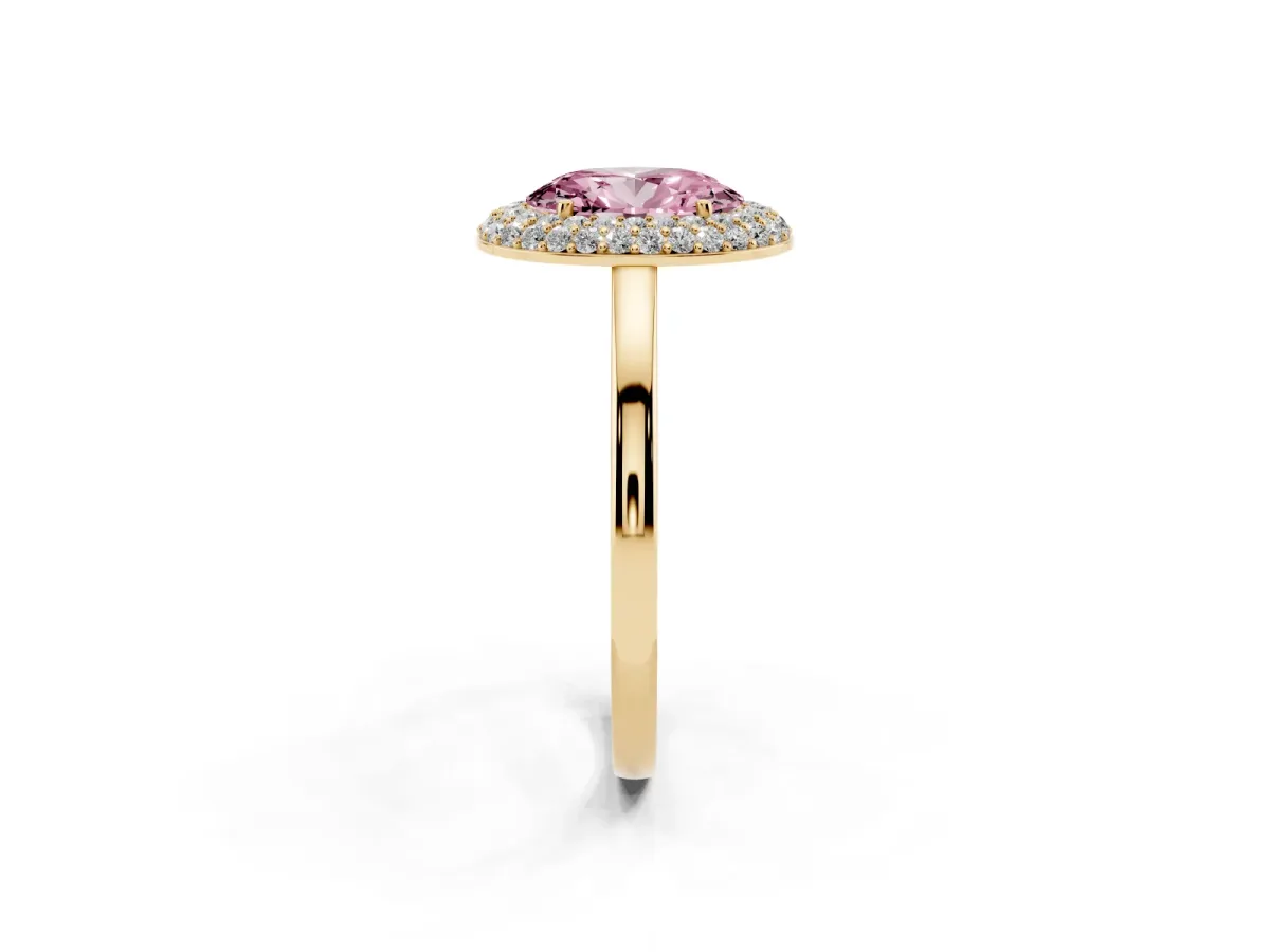 Fancy Pink Oval Cut Halo Diamond Engagement Ring with Solitaire Band and Four-Prong Setting Yellow gold