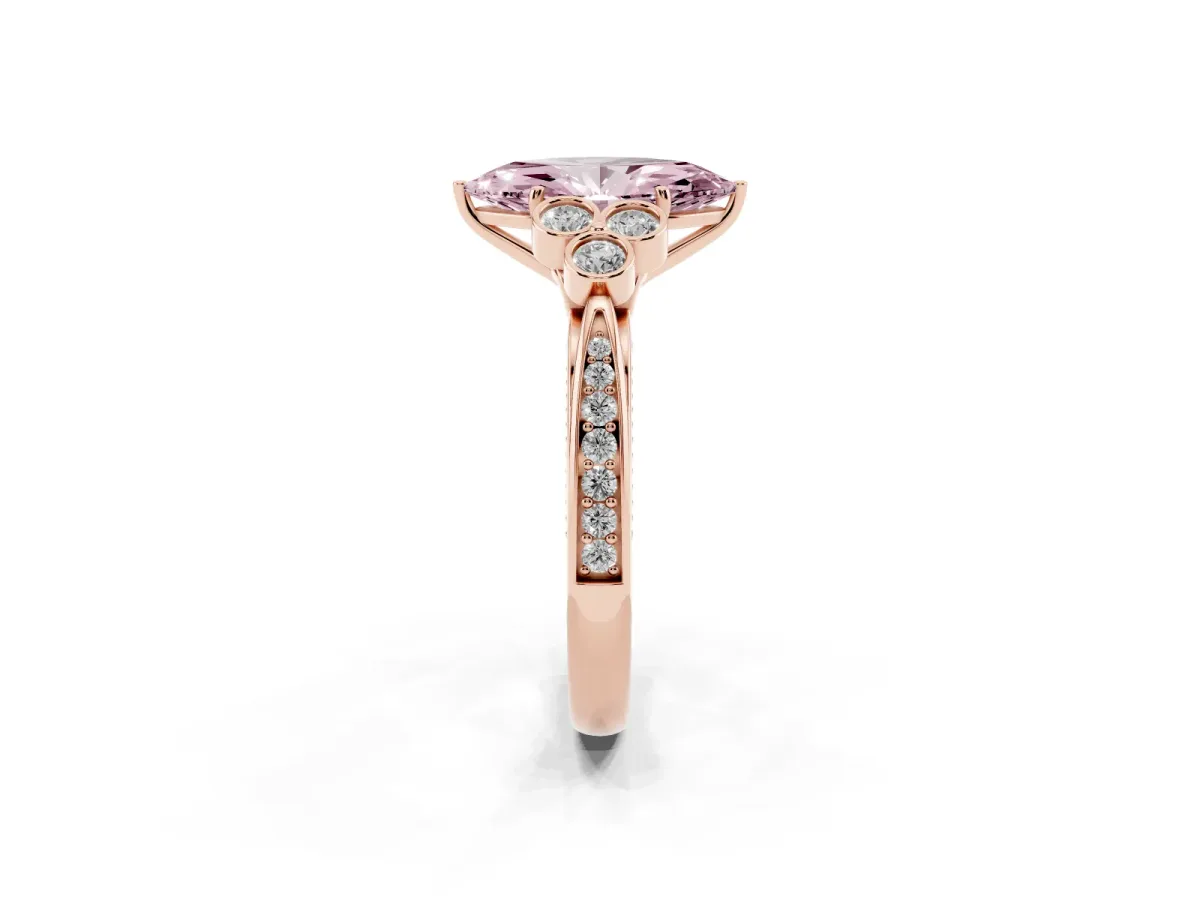 Fancy Pink Marquise Cut Cut Diamond Engagement Ring with Bezel Set Round Side Stones and Prong Setting Rose gold