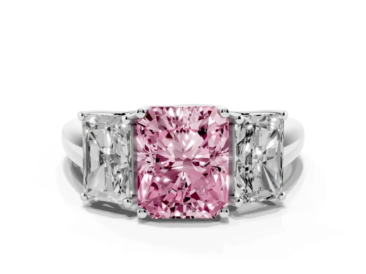 Fancy Pink Three-Stone Radiant Cut Diamond Engagement Ring with Prong Setting Silver