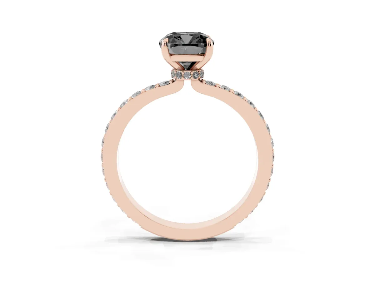Fancy Black Cushion Cut Diamond Solitaire Engagement Ring with Pavé Band and Four-Prong Setting Rose gold
