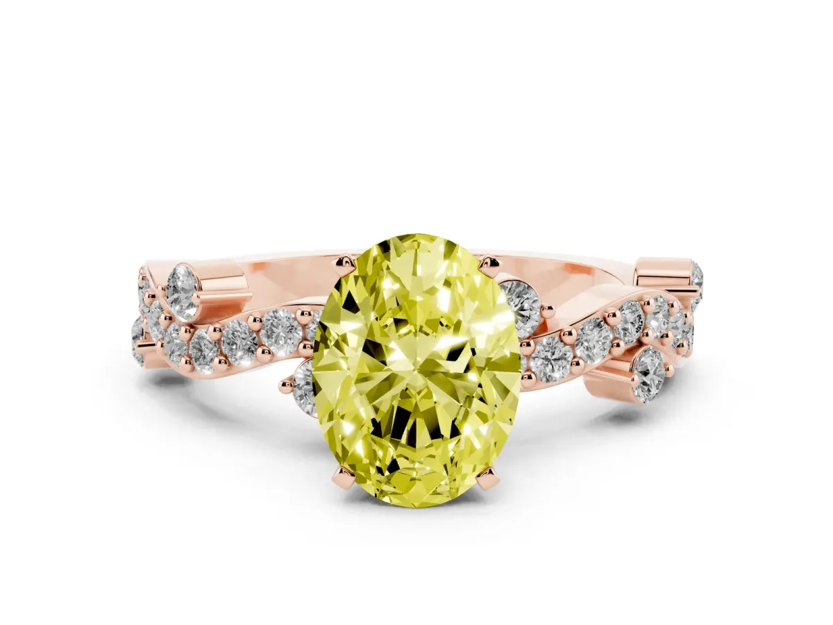 Fancy Yellow Oval Cut Cut Solitaire Diamond Twisted Band with Pave Setting Rose gold