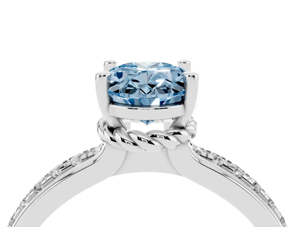 Fancy Blue Oval Cut Solitaire Diamond Ring with Channel Set Band and Six-Prong Setting Silver