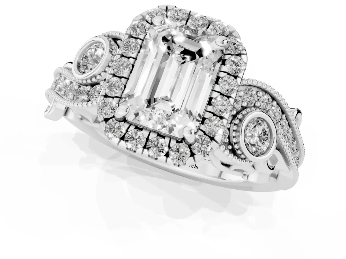 Emerald Cut Diamond Halo Ring with Milgrain Pavé Band and Four-Prong Setting White gold