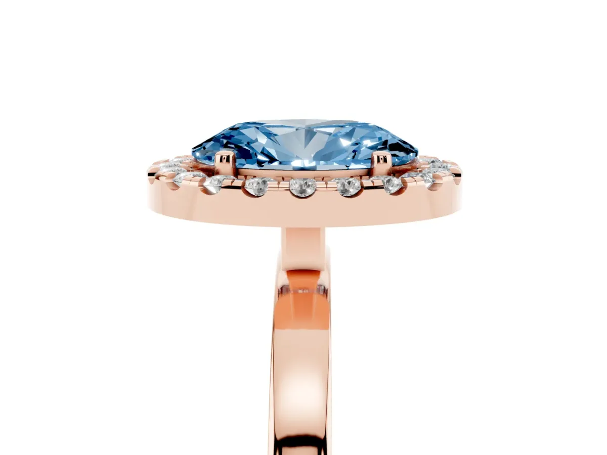 Fancy Blue Oval Cut Halo Diamond Solitaire with Pavé Band and Four-Prong Setting Rose gold