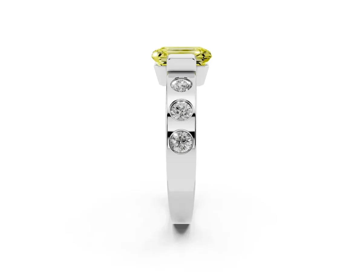 Fancy Yellow Emerald Cut Brilliant Channel-Set Diamond Ring with Bezel Prong Setting Platinum