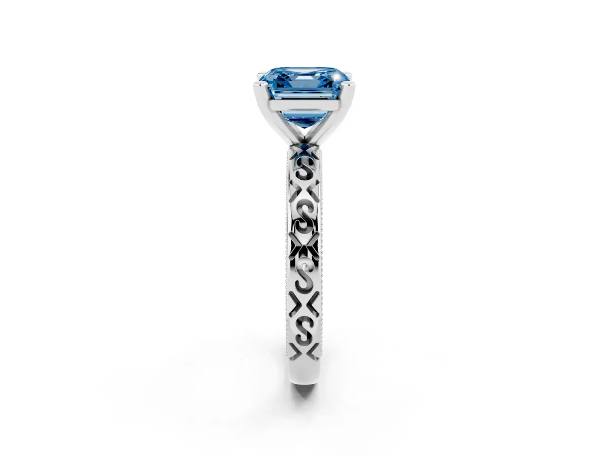 Fancy Blue Asscher Cut Solitaire Engagement Ring with Scrollwork Band and Four-Prong Setting Silver
