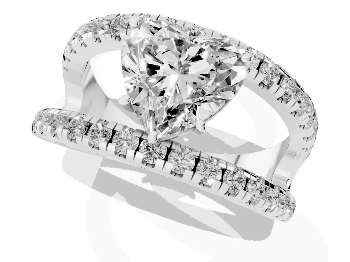 Heart Cut Solitaire Split Shank Pave Diamond Ring Silver