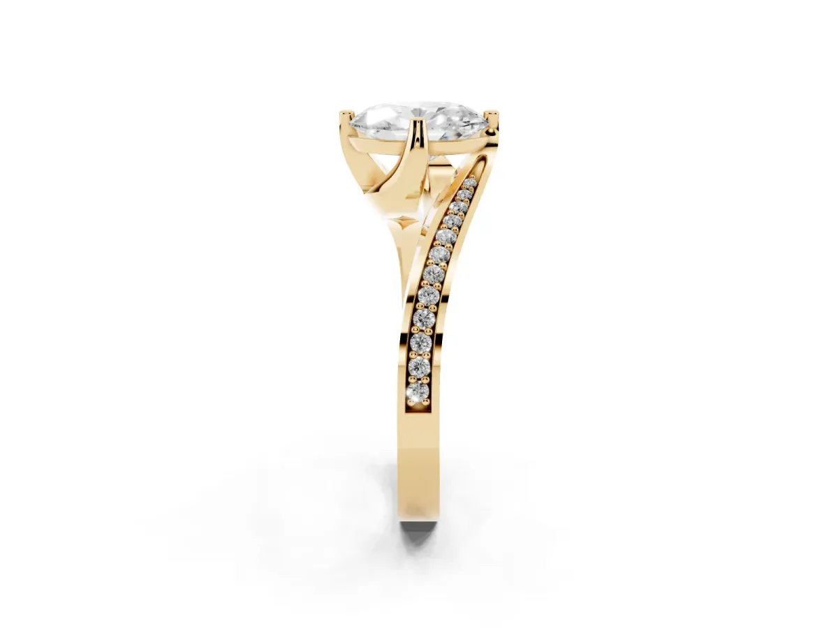 Oval Cut Solitaire Diamond Twist Band with Pavé Setting and Four-Prong Setting Yellow gold