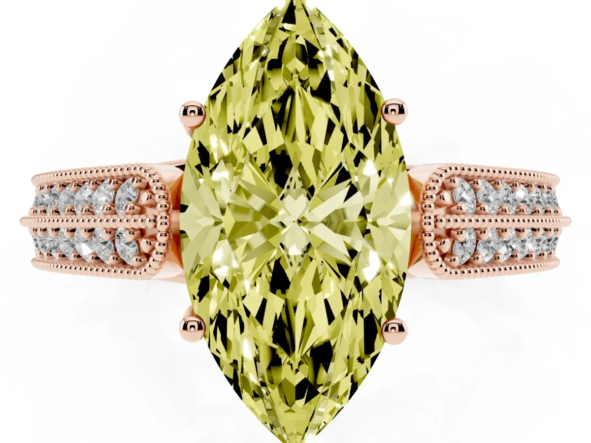 Fancy Yellow Marquise Cut Cut Pave Split Shank Engagement Ring with Four-Prong Setting Rose gold