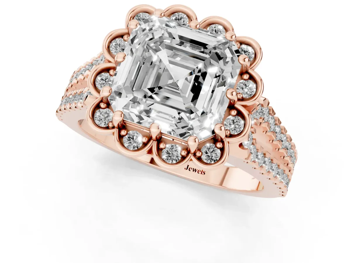 Asscher Cut Halo Diamond Floral Split Shank Engagement Ring Rose gold