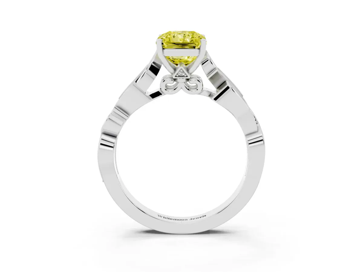 Fancy Yellow Radiant Cut Solitaire Vine Band with Milgrain Prong Setting Silver