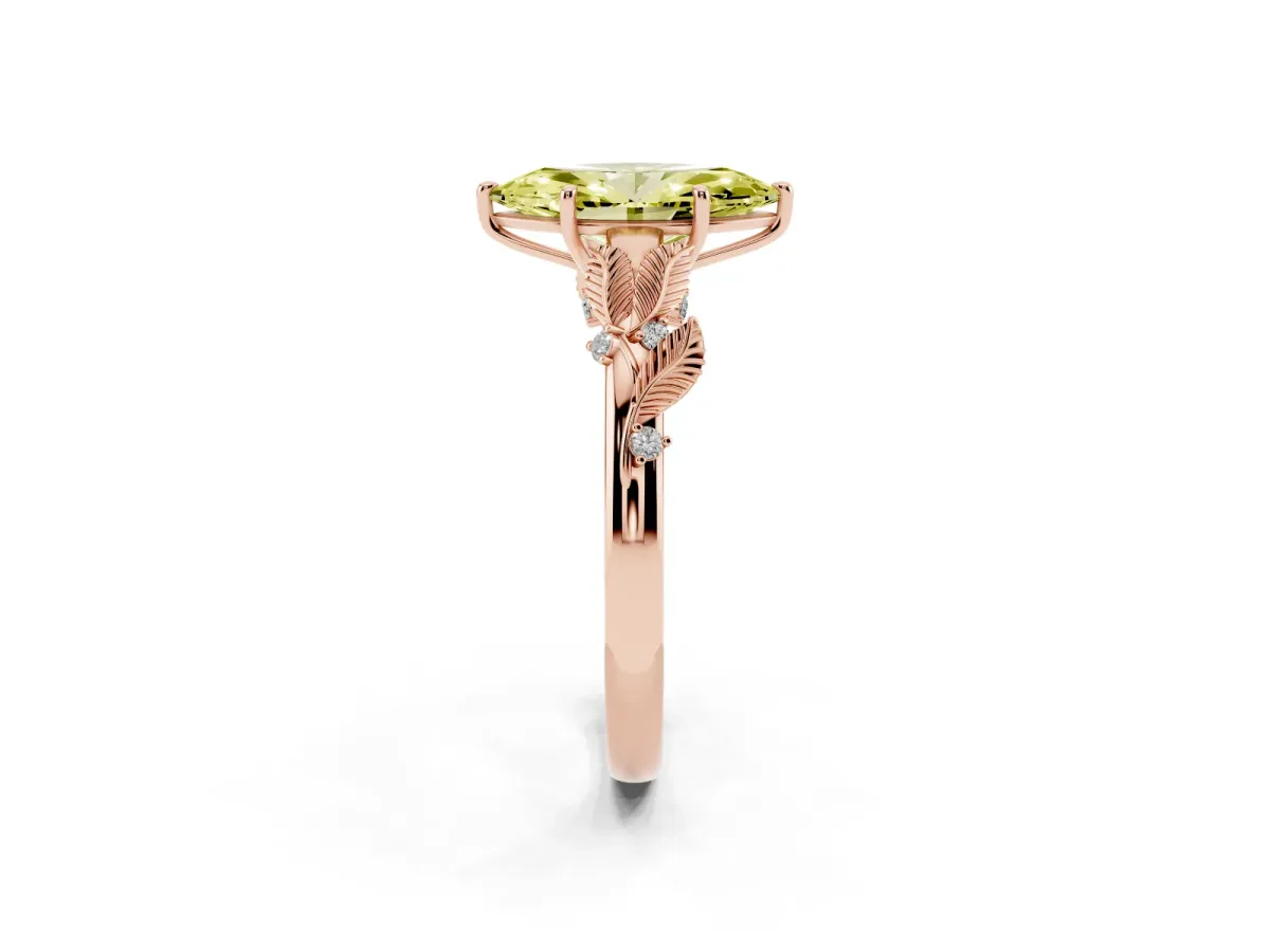 Fancy Yellow Marquise Cut Diamond Solitaire Ring with Leaf Motif Band and Four-Prong Setting Rose gold